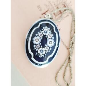 Vintage Michaela Frey Blue & White Floral Enamel Locket Sterling Silver Necklace